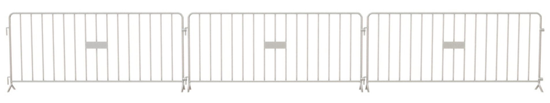 3D render showcases a lightweight, pre-galvanized steel barricade (no background) with welded, fixed feet for stability. Ideal for temporary crowd control solutions in construction or event settings.