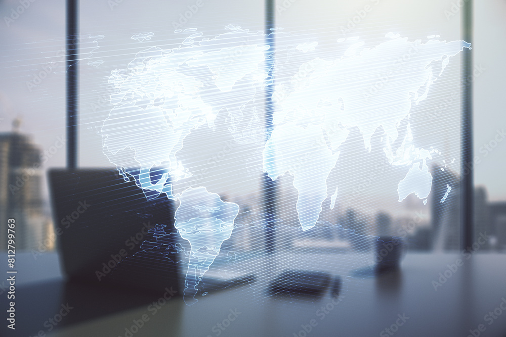 Poster double exposure of abstract digital world map and modern desk with computer on background, big data 