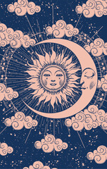  elestial astrology banner with sun and moon with face, vector esoteric poster of zodiac, horoscope, tarot. Creation of the Universe with clouds, stars and sun.