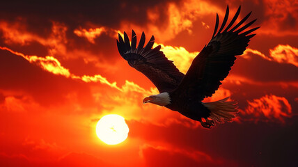 American Bald Eagle in Flight A Majestic Silhouette Against a Fiery Sunset Sky