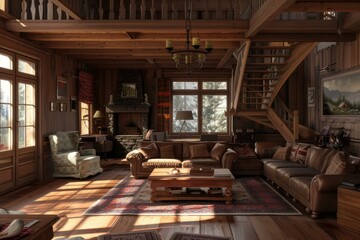 Fototapeta premium Warm sunlight bathes a rustic wooden cabin's living room with staircase and comfortable furnishings