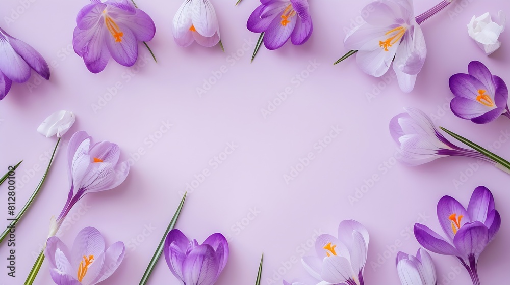 Poster flower layout from spring flowers crocus on a pastellilac background Top view and copy space : Generative AI