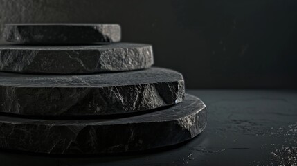 granite stones for the podium black natural stones with texture on a dark background for a minimalist podium for the presentation of a product cosmetics medicine perfumery body care je : Generative AI