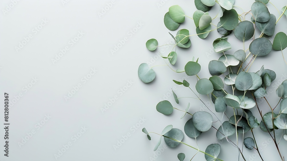 Poster natural green eucalyptus branches on empty light grey background with copy space trendy layout with 