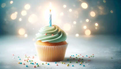 A single cupcake with a swirl of mint green frosting topped with a lit birthday candle. The cupcake is placed against a soft