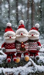 Holiday Spirit: Three Crochet Christmas Decorations with Festive Attire, Set against a Snowy Forest Backdrop