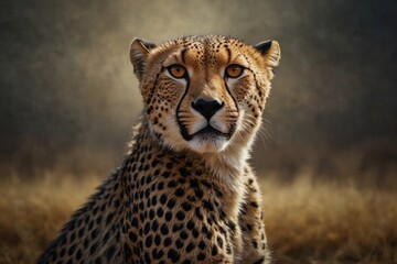 A cheetah is sitting in the grass with its head up