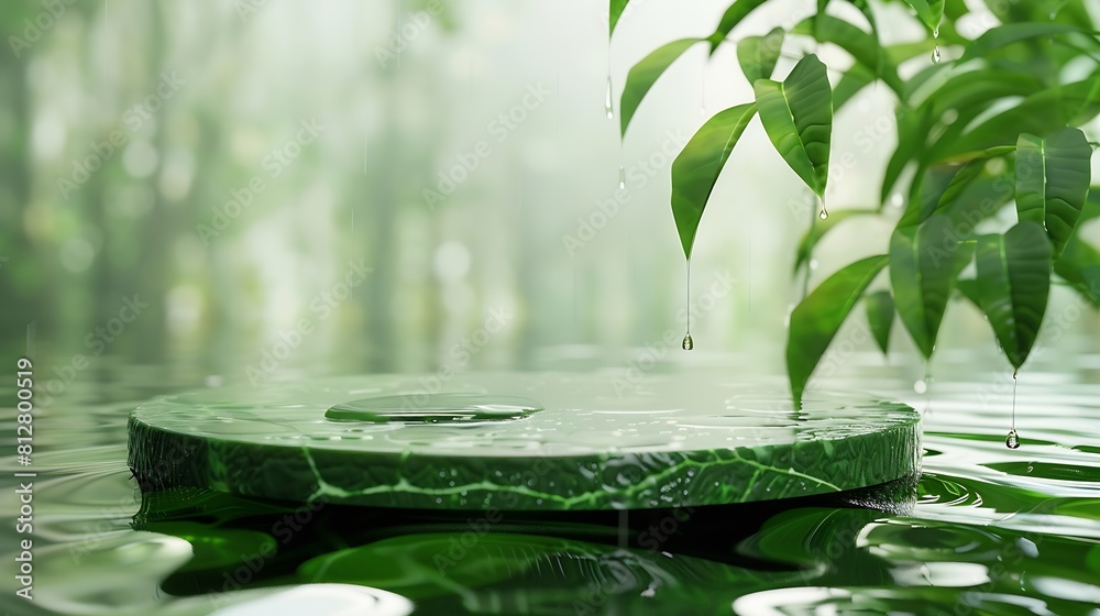 Poster Empty round podium pedestal green leaves against the background of water with drops and ripples : Generative AI