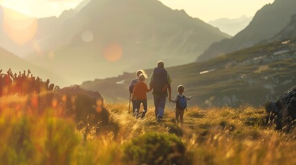 Family with small children hiking outdoors in summer nature walking in High Tatras : Generative AI
