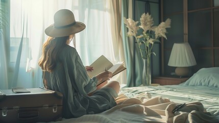 Travel planning and woman in bedroom with suitcase for summer vacation or holiday information checklist and website Location hotel and journal book of girl writing notes with clothes i : Generative AI