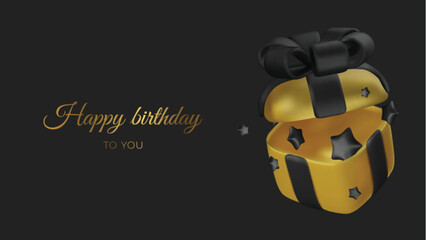 Opened realistic gold gift box with black bow and star. Happy birthday. Vector illustration