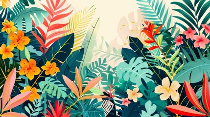 Lush flora and structured patterns converge in a lively. Vibrant tropical flora in artistic illustrations perfect for design projects