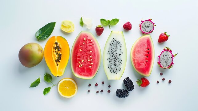 Creative layout made of summer fruits  Tropical flat lay Food concept Melon watermelon mangosteen dragonfruit and  loganberry on white background : Generative AI