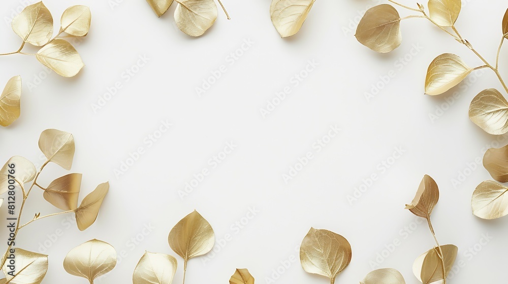 Aufkleber Borders of the frame of gold branches eucalyptus leaves on a white background flat layout top view : Generative AI