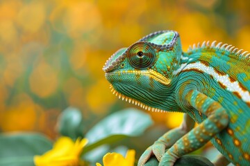 Closeup of a colorful chameleon among yellow blossoms with a warm, blurry background