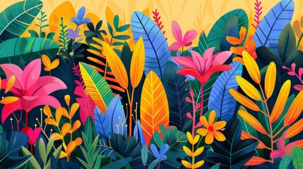 Lush flora and structured patterns converge in a lively. Vibrant tropical flora in artistic illustrations perfect for design projects