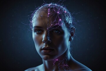 A woman's face is shown with a lot of purple and blue lines