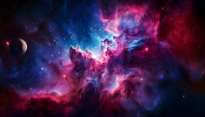 Obraz premium A stunning cosmic vista in a wide format, depicting a nebula with vibrant interstellar clouds of gas and dust. The colors are a mix of deep purples