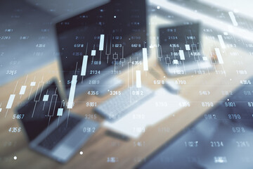 Multi exposure of abstract statistics data hologram interface and modern desk with computer on background, computing and analytics concept