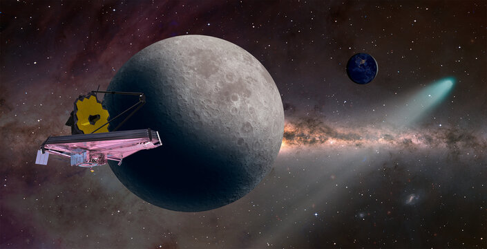James Webb Space Telescope in Space with comet "Elements of this image furnished by NASA "