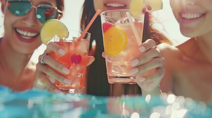 Close up of female friends having fun while toasting with cocktails on summer day at swimming pool Copy space : Generative AI