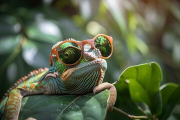 Whimsical image of a colorful chameleon with fashionable sunglasses perched on a green leaf