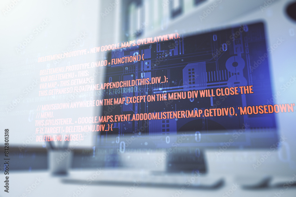 Aufkleber multi exposure of abstract software development hologram and modern desktop with laptop on backgroun