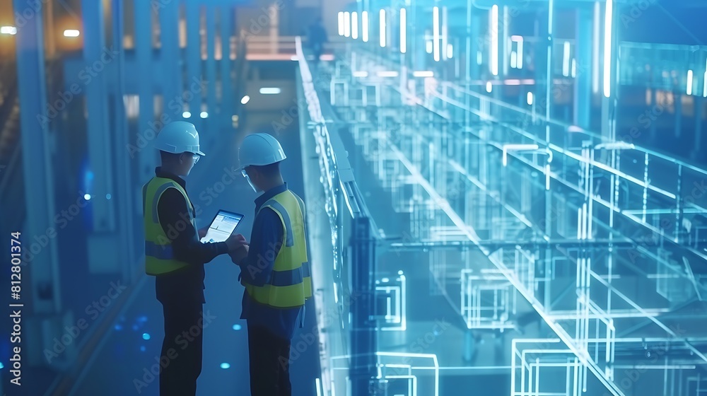 Poster Industry 40 Modern Factory Two Engineers in Empty Warehouse Use Digital Tablet Computer with Augmented Reality Software For a Room Mapping Doing 3D Factory Floor Layout High Angle Shot : Generative AI