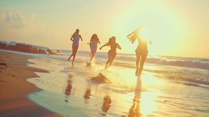 Happy young friends runs to sunset sea beach Tropical vacations concept : Generative AI