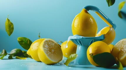 Blue painted lemons with yellow juice squeezer and fresh leaves against pastel blue background Creative lemonade or natural smoothie concept Minimal juice bar or healthy vegetarian die : Generative AI