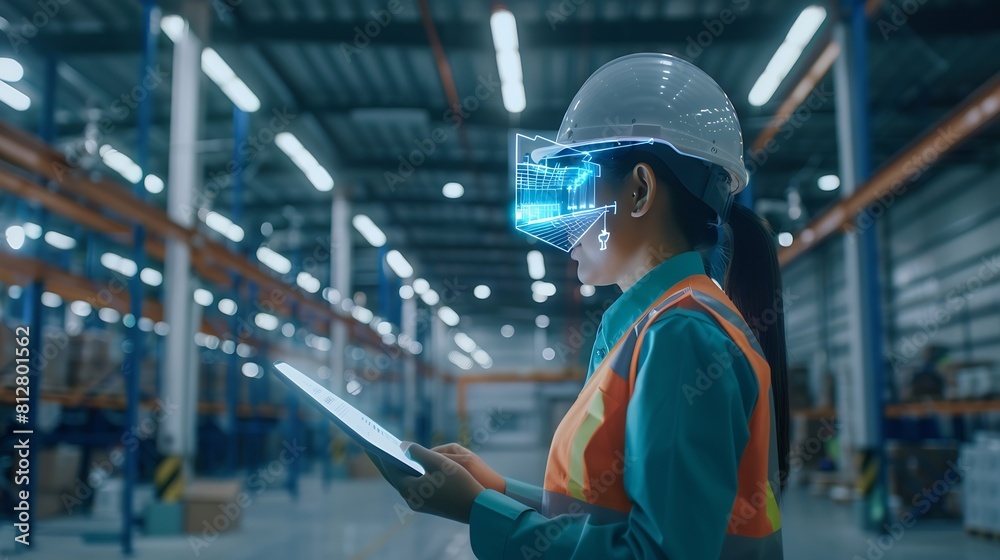 Poster Industry 40 Modern Warehouse Female Engineer in Empty Warehouse Uses Digital Tablet Computer with Augmented Reality Software for Future Factory or Warehouse Layout Concept Shot of Augm : Generative AI