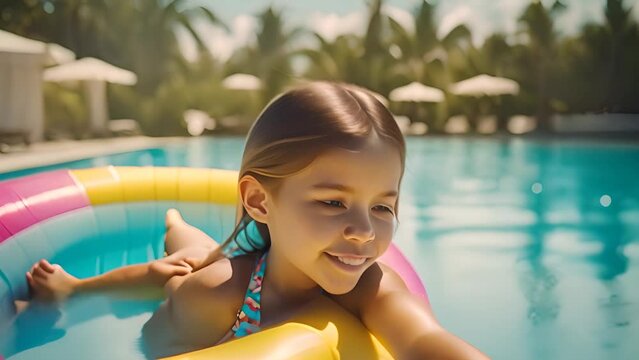 Little Girl Floating in Inflatable Ring in Swimming Pool Generative AI