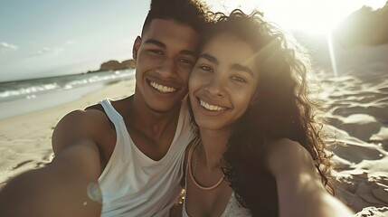 Portrait of a young diverse biracial couple taking a selfie at the beach and having fun outside Portrait of a young diverse biracial couple taking a selfie at the beach and having fun  : Generative AI - Powered by Adobe