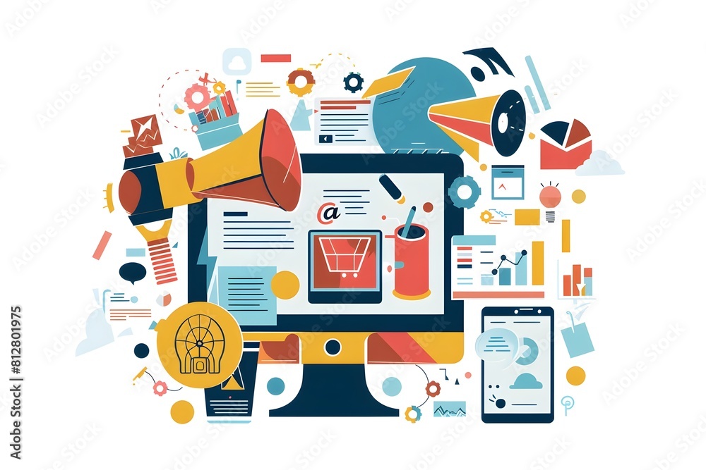 Poster flat design of marketing tools and digital workspace elements for business and commercial use