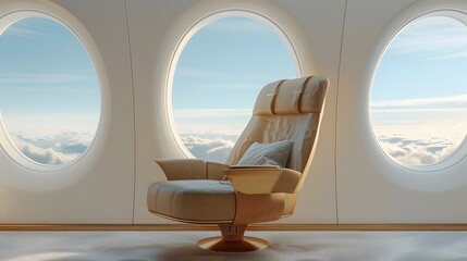 Luxurious first class seat on an airplane with large windows, offering panoramic views of the sky and clouds during flight.
