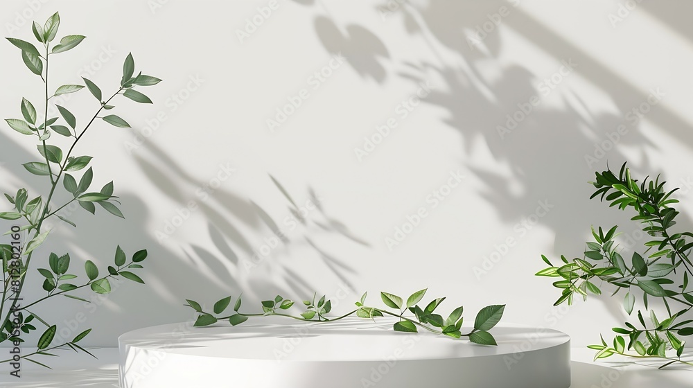 Poster empty round podium and green leaves on light grey background top view pedestal and fresh natural bra