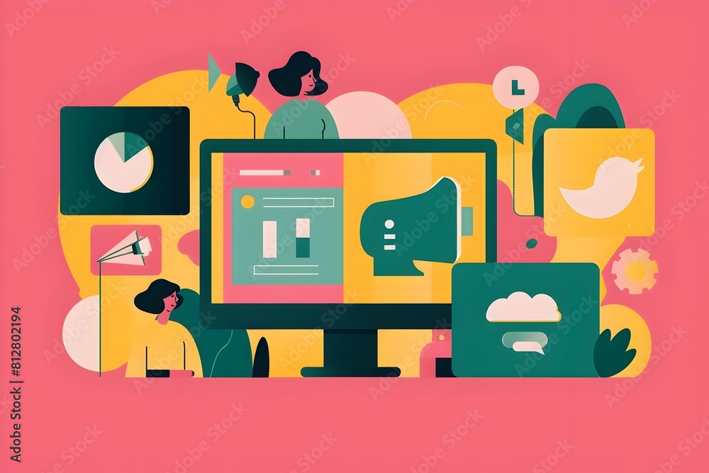 Aufkleber Flat design of modern marketing and digital technology concept with computer graph and collaborative teamwork elements