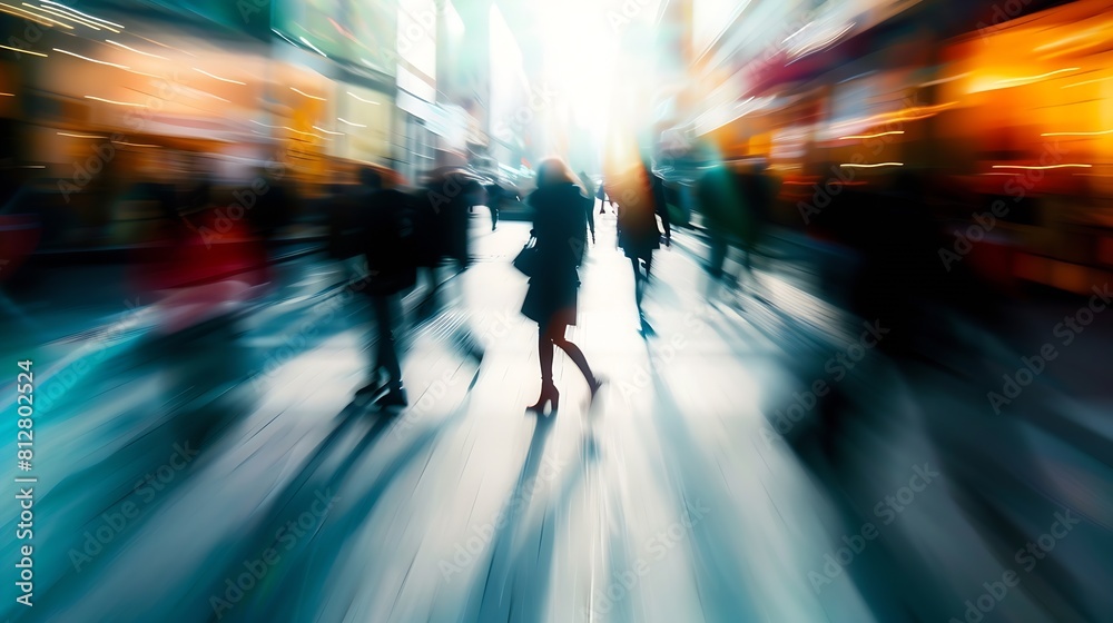 Poster Beautiful motion blur of people walking in the morning rush hour busy modern life concept Suitable for web and magazine layouts : Generative AI