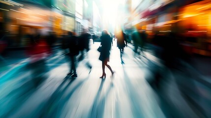 Fototapeta premium Beautiful motion blur of people walking in the morning rush hour busy modern life concept Suitable for web and magazine layouts : Generative AI