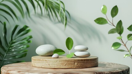 Wood podium with green leaves and natural stones Abstract podium for organic cosmetic products...