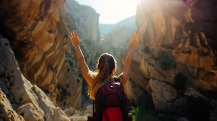 Obraz premium Woman outdoor exploring Tazi canyon in Turkey travel lifestyle hiking in mountains girl hiker raised hands active summer vacations backpacking : Generative AI