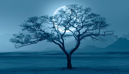 Typical african lone acacia tree with  Namib desert at night Full moon in the background - Namibia,...