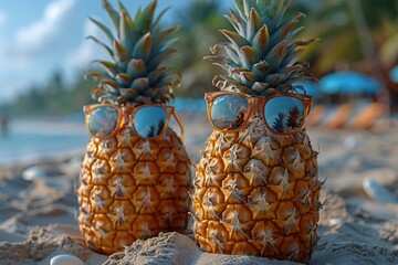 Pineapples with sunglasses on the beach,  Summer vacation concept