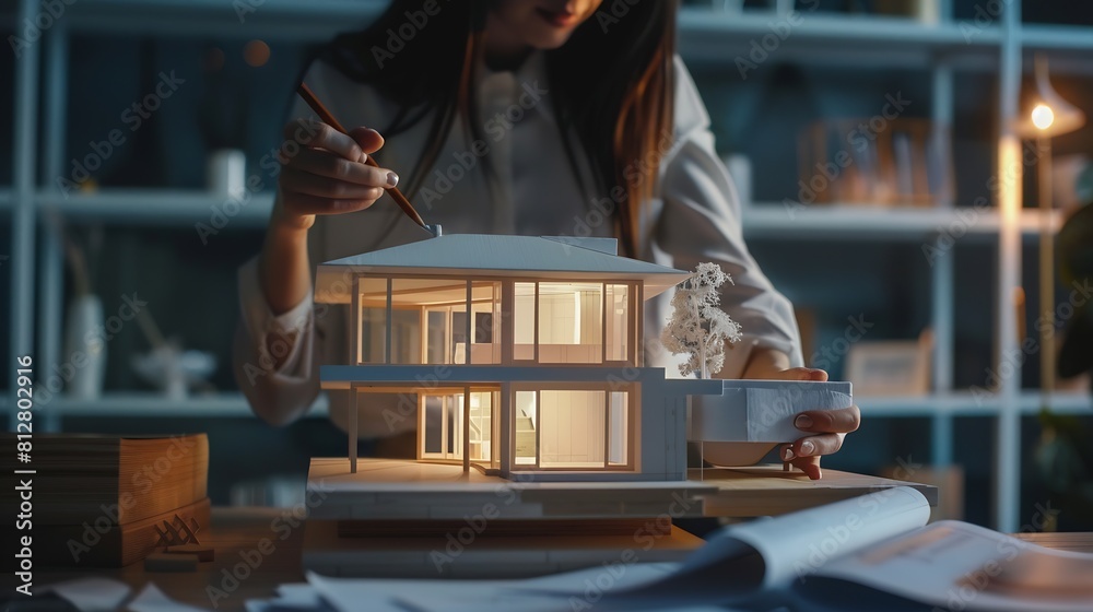 Poster A female architect holding and working on an architecture house model with shop drawing paper in the office : Generative AI