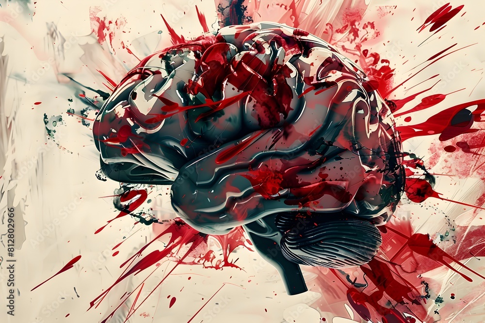 Poster Brain Anatomy in Neo Expressionist Painting Style with Splattered Red Paint Representing Intensity of Cerebral Cognition and Psyche