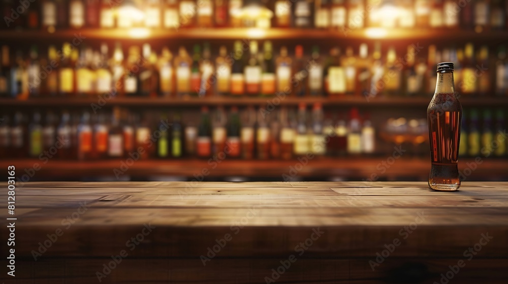 Poster Empty wooden bar counter with defocused background and bottles of restaurant bar or cafeteria background for your product display : Generative AI