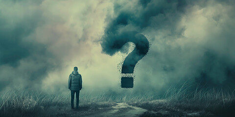 Concept of uncertainty and doubt. A man confroting an enigmatic smoke question mark in the dark.