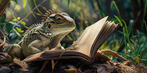 Enlightened iguana reading an ancient book in the forest.