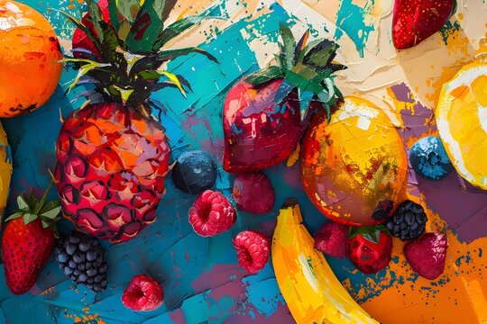 Vibrant Expressionistic Fruit Medley Composition in Playful Neo Expressionist Painting Style