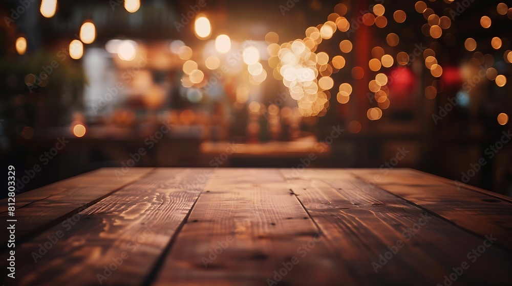 Poster Empty dark wooden table in front of restaurant abstract blurred bokeh background can be used to demonstrate or mount your products Layout for space : Generative AI